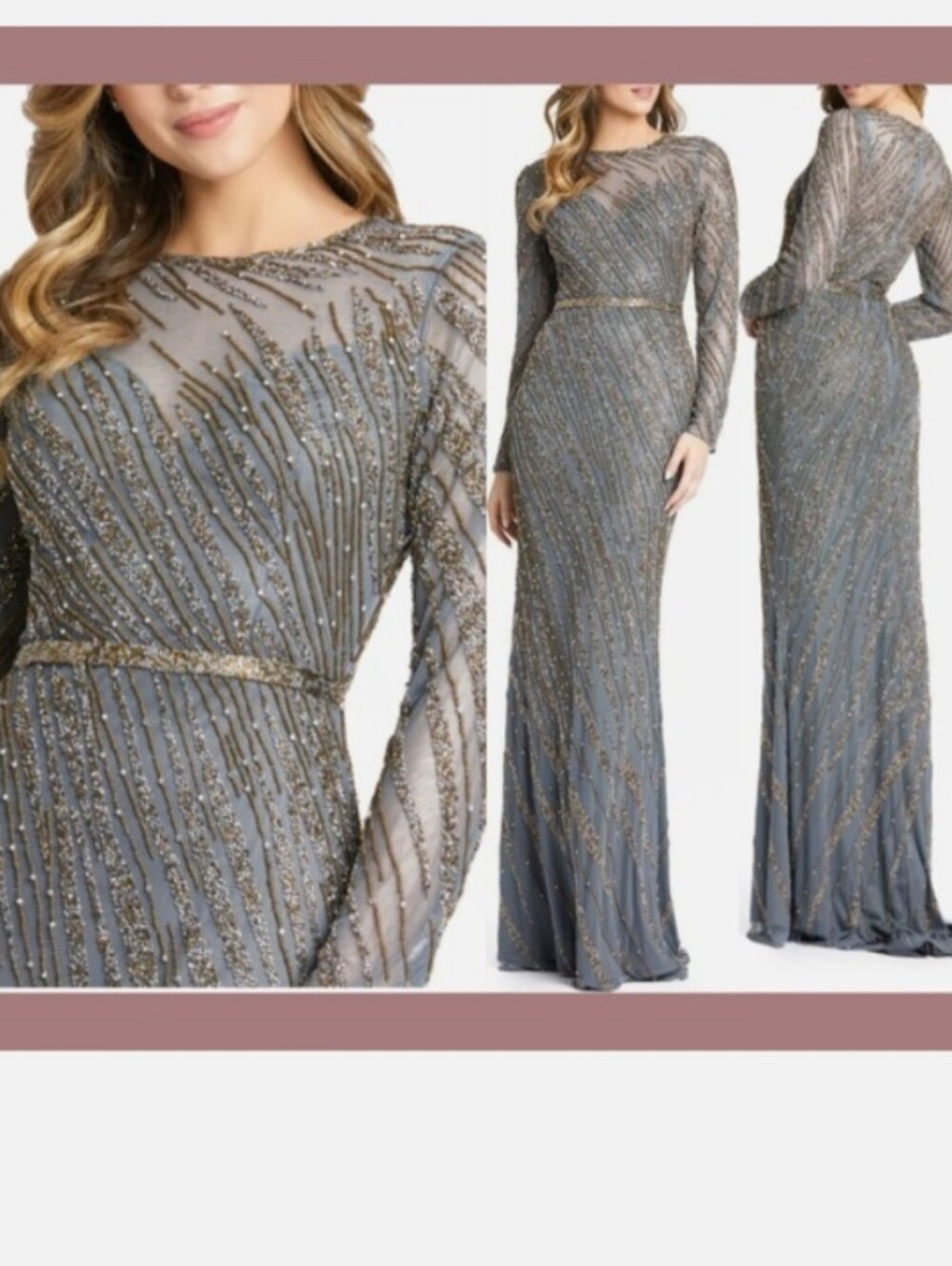 Mac Duggal Gray Evening Gown with Gold Beading